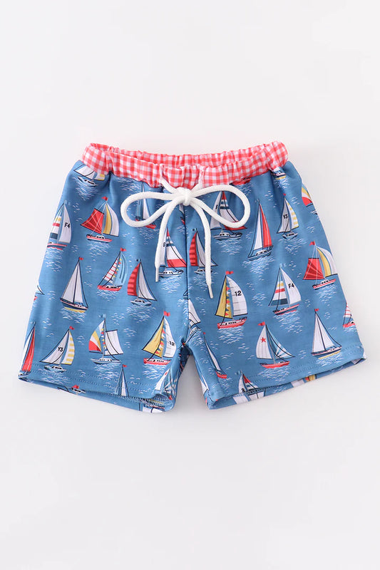 Navy sailboat print boy swim shorts